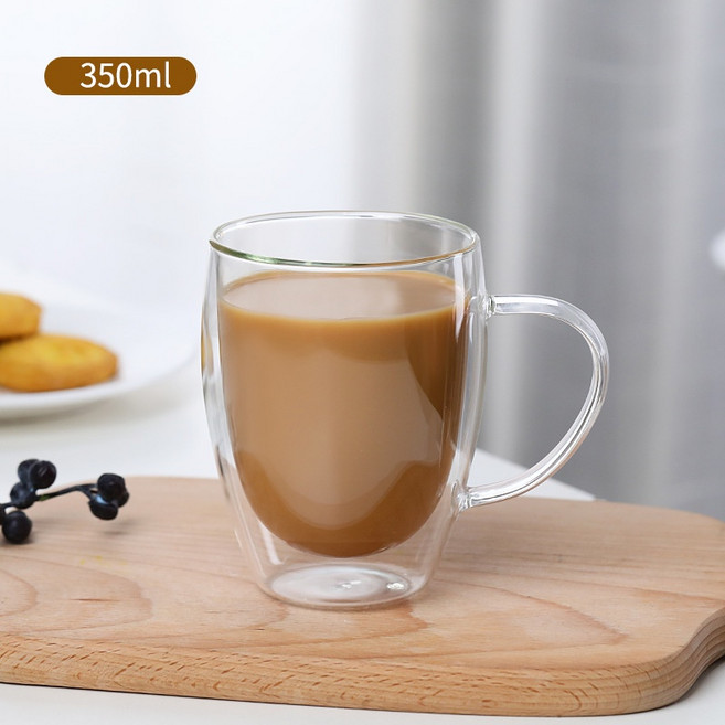呵呵茶 雙層玻璃杯 咖啡杯 350ml, 1個, 耐熱雙層玻璃杯 把手款 350ML, 透明