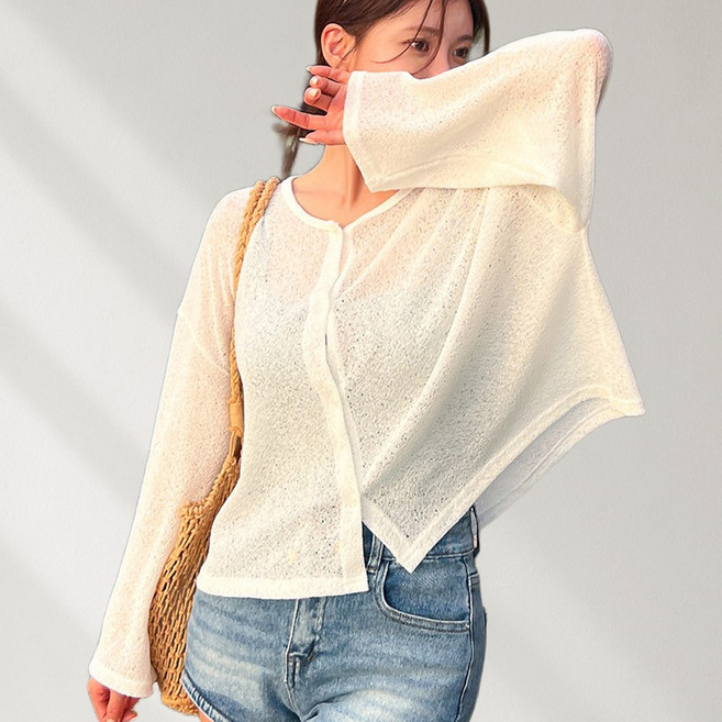 44~77 비키비키 시에나 가디건 커버업 비치 크롭 여름 여성 여자 긴팔 시스루 비치웨어 비치상의