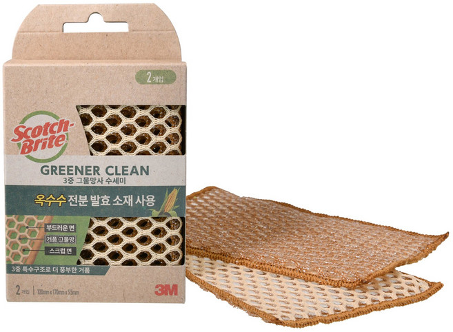 스카치브라이트 그리너클린 옥수수발효 3중 그물망사 수세미, 2개입, 1개