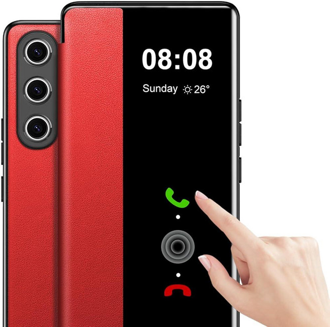 삼성 S25 FE 케이스 플립 가죽 클리어 S-뷰 [터치 가능한 창] 삼성 갤럭시 S25 FE 폰 케이스 스마트 윈도우 하드 플립 충격 방지 보호 커버 5G S25 FE 케이스, 레드