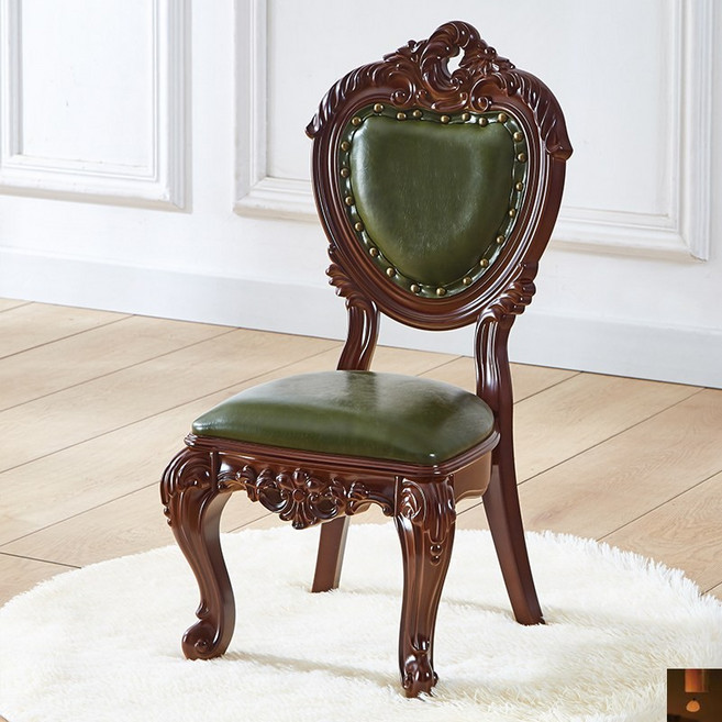 프렌치 원목 낮은 의자 카페 엔틱 빈티지 유럽퐁 홈카페 식탁, 다크 브라운 다리 그린 가죽, 1개