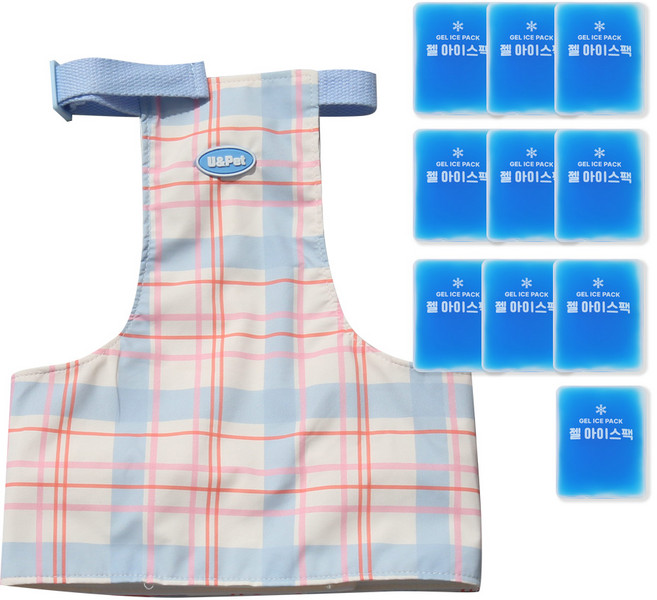 유앤펫 강아지 체크 아이스팩 포켓 여름 쿨조끼 중형견 대형견, 블루체크(아이스팩10개), 1개