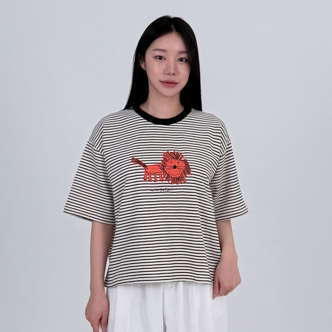 라이언 스트라이프 넥 라인 배색 루즈핏 반팔 티셔츠