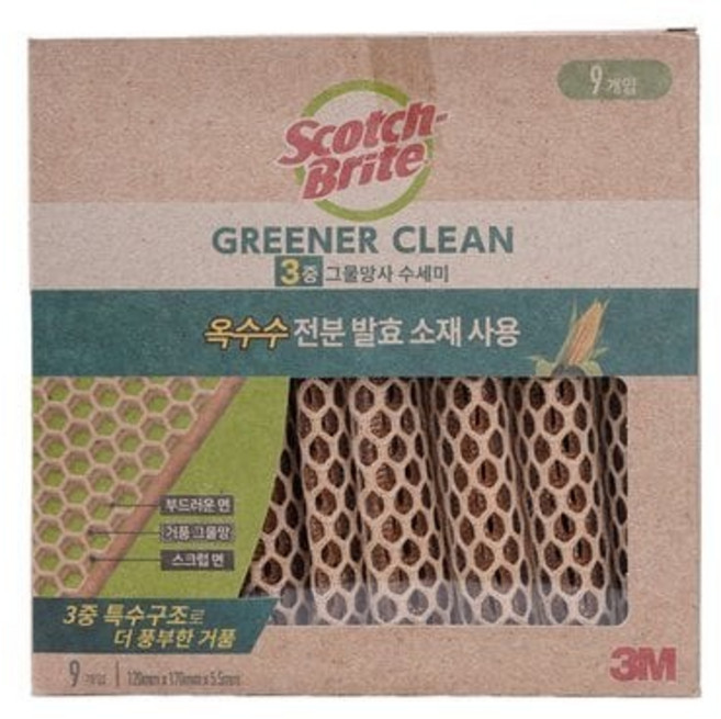 3M 옥수수 삼중양면 그물망사 수세미, 1개, 9개입