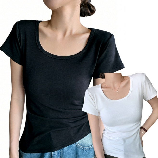 여성 여름 비스코스 U넥 반팔티 티셔츠 슬림핏 1+1