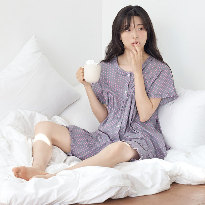 메이플라워 퍼플핑크도트 반팔 순면 여성 빅사이즈 잠옷 홈웨어 세트