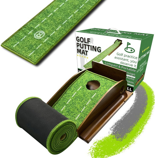 KOFULL 무소음 자동리턴 우드 골프 퍼팅연습기 롱 레일 실내 퍼팅연습 매트 단공형, 혼합색상, 1개