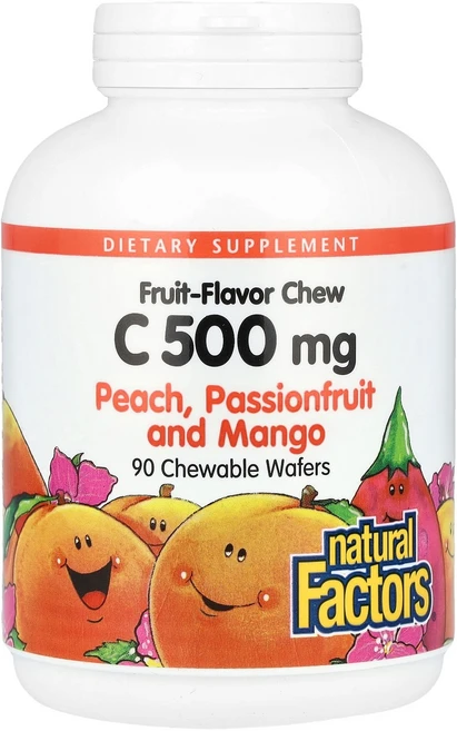 Natural Factors 과일맛 츄 비타민C 복숭아 패션프루트 및 망고 500mg 츄어블 웨이퍼 90개 Factors (내추럴 팩터스), Natural Factors, 과일맛 츄 비타민C, 복, 1개 - 쿠팡