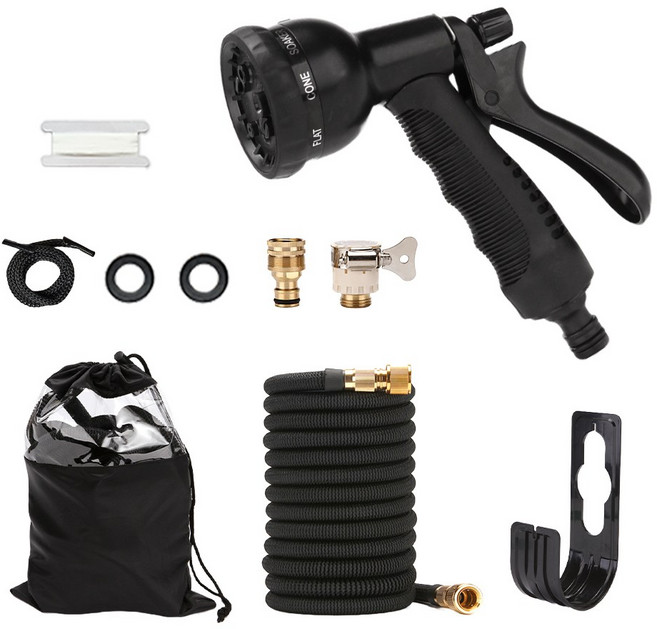 레브홈 만능 고압분사기 늘어나는 물 호스 세트, 블랙, 15m