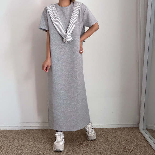 에이치스 탄탄 퀄리티 모찌 쫀득 무지 H라인 라운드넥 심플 반팔 롱원피스