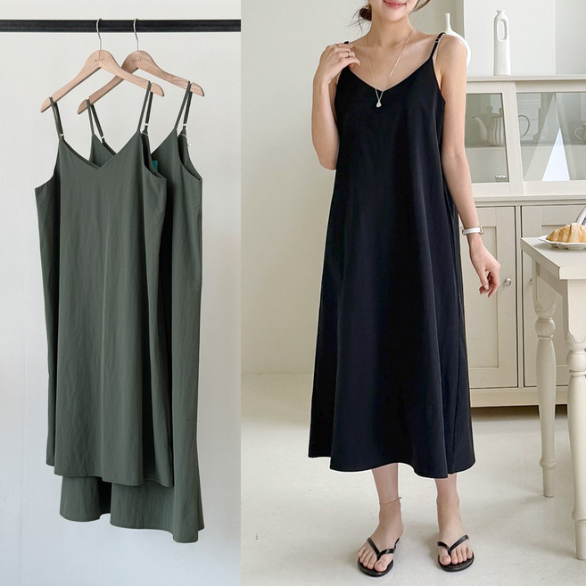 데일리앤 코랄리아 2기장 키작녀 여름 레이어드 브이넥 끈 나시 뷔스티에 시원한 와샤 바스락 원피스