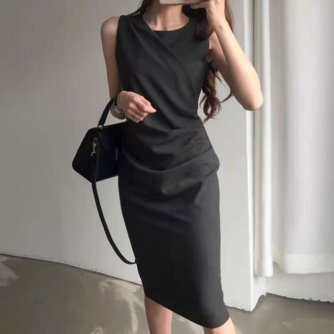COSYEVNO 민소매 원피스 슬림핏 통근 주름 여름 여성 오피스룩 미디스커트