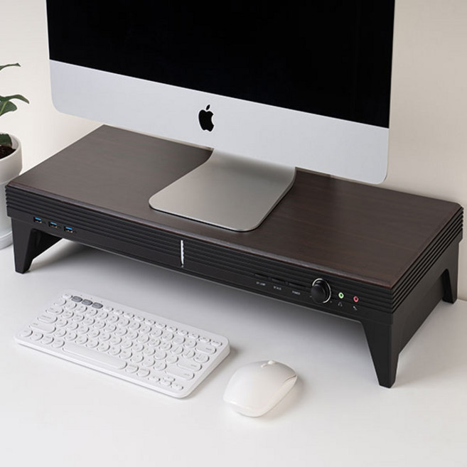 수아드 스마트 컴퓨터 모니터 받침대 UV살균 블루투스 스피커 무선충전 USB 3.0 올인원 블랙