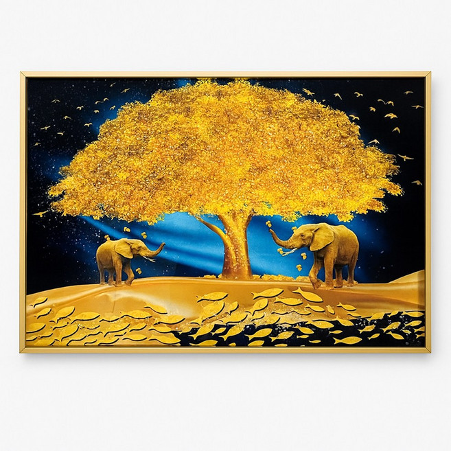 컨플릭 돈 들어오는 황금돈나무 코끼리 큐빅 그림 액자, 60x40cm