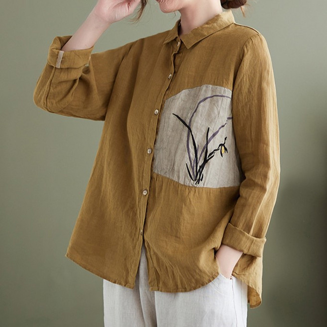 COSYEVNO 봄 여름 면마 셔츠 프린트 루즈핏 패션 여성 긴팔 남방