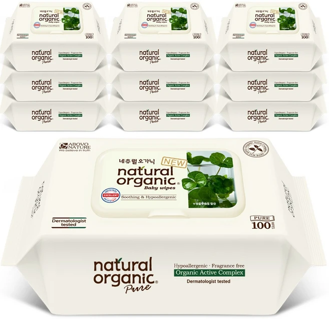 네츄럴오가닉 퓨어 센텔라 그린라벨 아기물티슈 100매 10팩, 1개, 10개입, 317g, 퓨어 센텔라 그린라벨 100매10팩 - 쿠팡