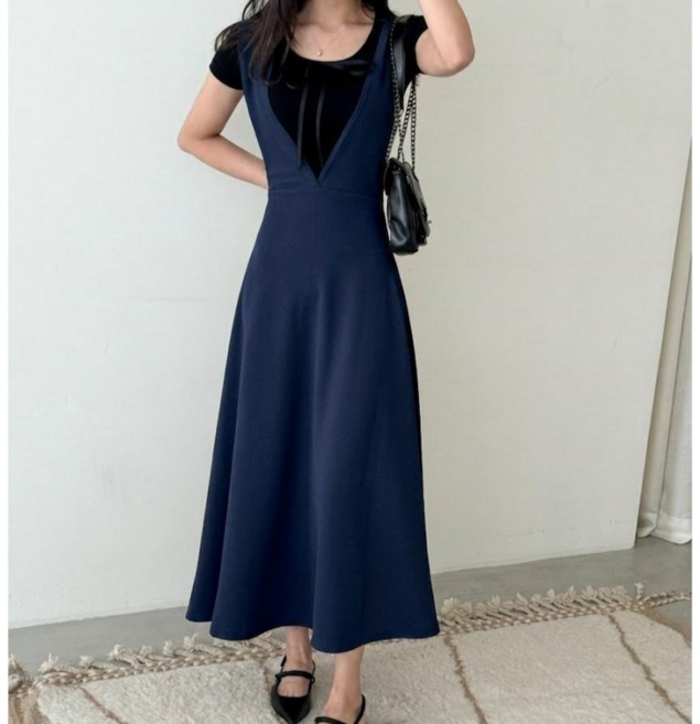 엠보 브이넥 뷔스티에 롱원피스 멜빵원피스 플레어