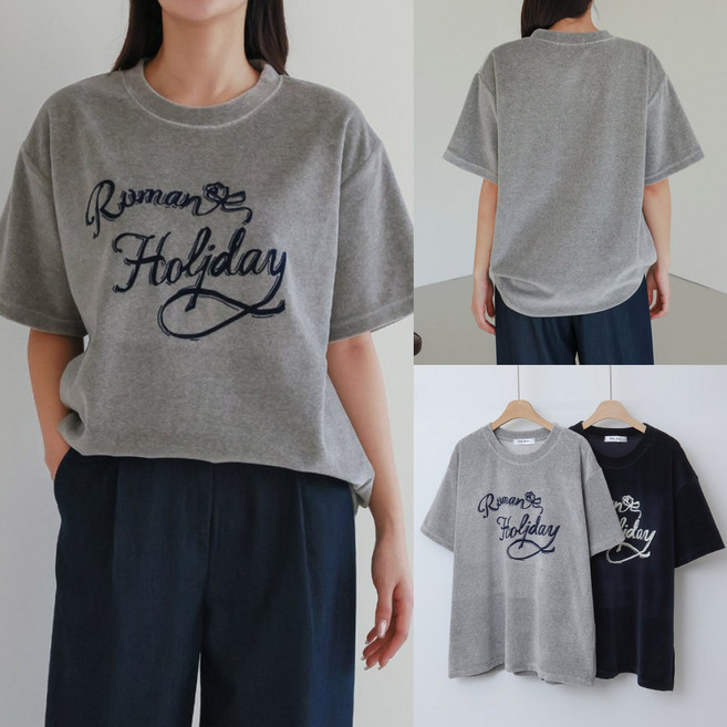 아이우먼 여성 빅사이즈 벨벳 티셔츠 라운드넥 영문레터링 오버핏 겨울 반팔티 55-110 size 여자큰옷 봄 가을