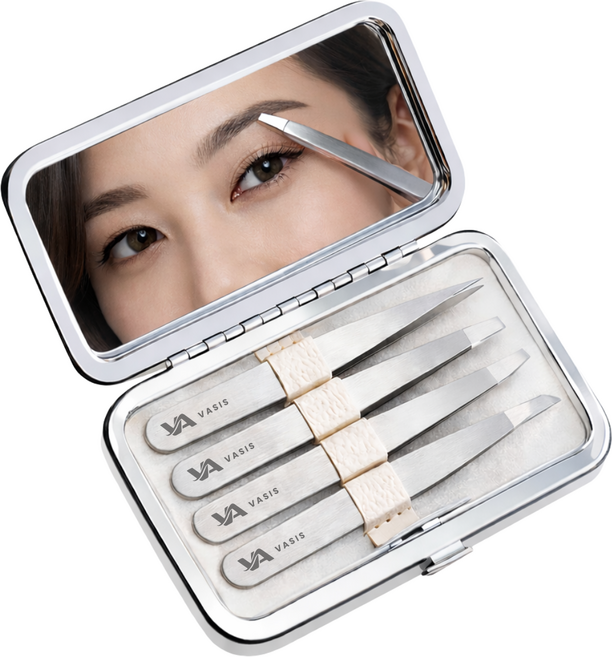 바시스 초정밀 족집게 4종 휴대용 거울 케이스 세트, 1세트, 화이트