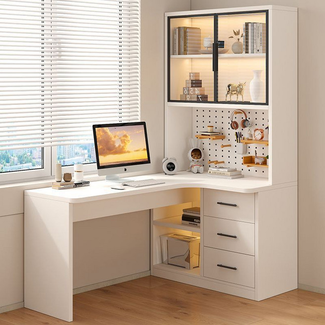 학생 공부 책장결합수납 일체형 책상 게이밍 컴퓨터 ㄱ자 코너 파티션 탁자, 화이트(B)