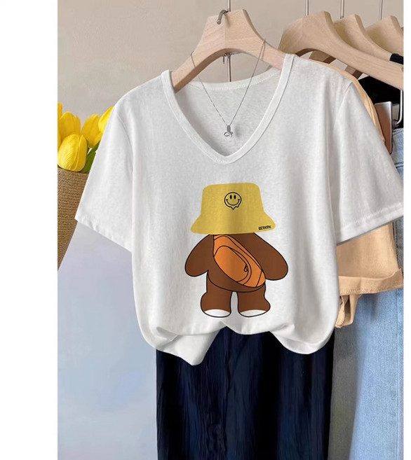 순면 V 흰색 반팔 셔츠 T 여름 여성 셔츠 캐주얼 루즈핏 대형 귀여운 프린트 상의