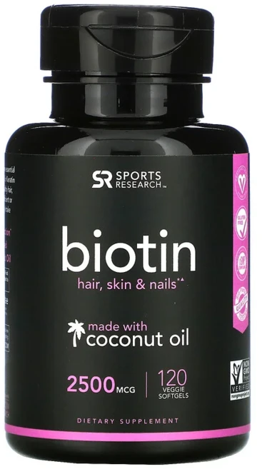 Sports Research 스포츠리서치 비오틴 코코넛 오일 함유 2 500mcg 식물성 소프트젤 120정, 1개 - 쿠팡