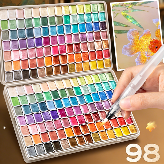 Fowod 메탈릭 펄 수채화물감 글리터 반짝이 고체물감 수채화키트, 98개, 1ml
