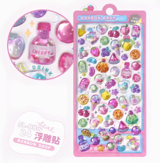 봉봉드롭 WEIRDLY CUTE CLAB 입체 젤리 스티커 3종 데코 다이어리 꾸미기 스티커, 1개, 상큼과일