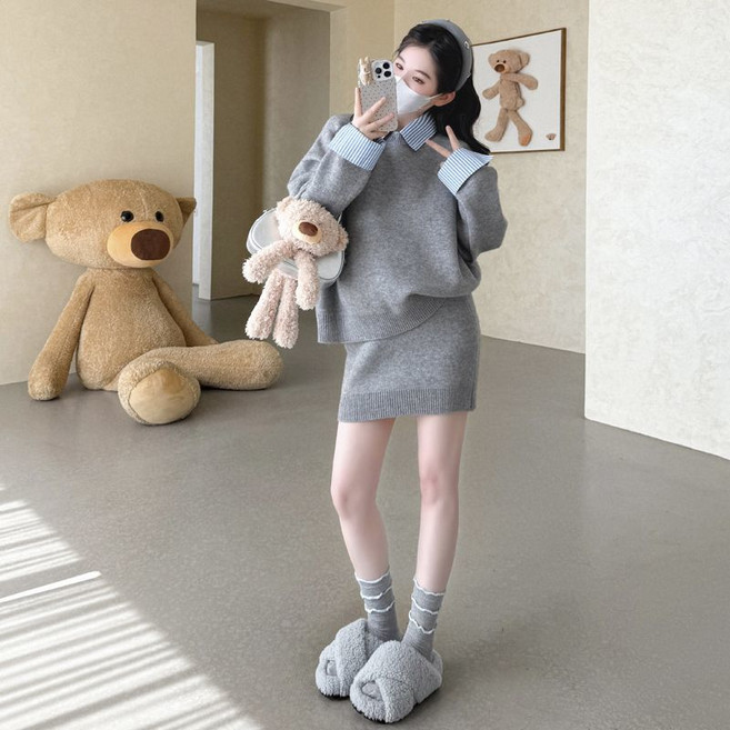 임산부 겨울 스커트 세트 가을 겨울 루즈핏 니트 셔츠 + 치마 세트 캐주얼 데일리룩 JS