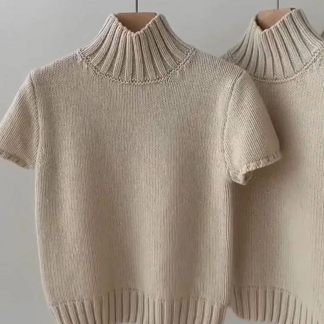 여성 반팔 니트 캐주얼 풀오버 상의 루즈핏 기질 여자 반팔 목폴라 니트 스웨터 ZZL