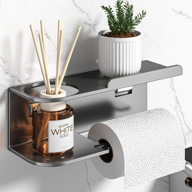 그레이무드 화장실 휴지걸이 무타공 선반 휴지 걸이 접착식 방수 롤 선반 두루마리 무광 철제 2in1 3가지 색상, 1개, 그레이무드, 차콜 그레이
