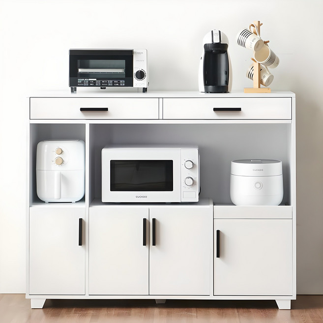 스타2 1200 와이드 서랍 렌지대 4단 선반 밥솥다이 전자레인지 다용도 주방 수납장, 화이트, 3단