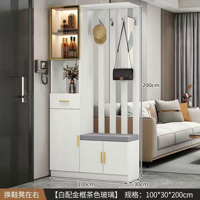 玄關櫃鞋櫃一體 現代簡約客廳屏風隔斷櫃 多功能酒櫃儲物櫃, 【奶油白】長100cm+右凳+燈,環保加厚板