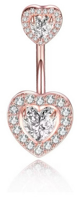 N1 雙愛心肚臍環 鑲鑽鋯石 醫用不鏽鋼, 現貨-玫瑰金,8mm, 1個