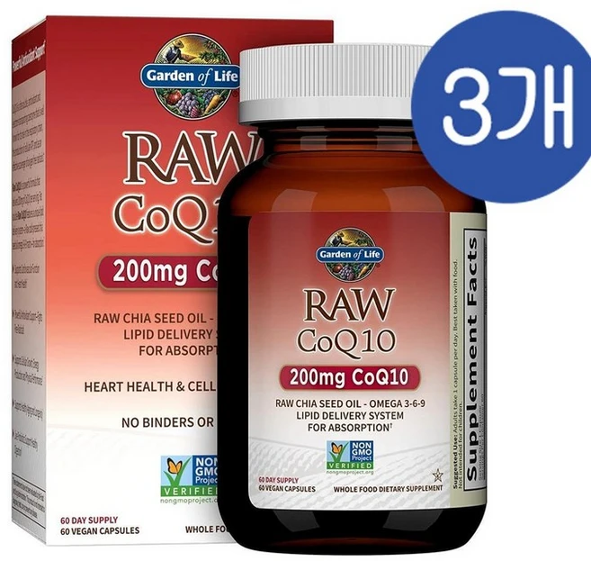 가든오브라이프 로우 코큐텐 200mg 치아씨드오일 캡슐 Garden of Life Raw CoQ10, 3개, 60정 - 쿠팡