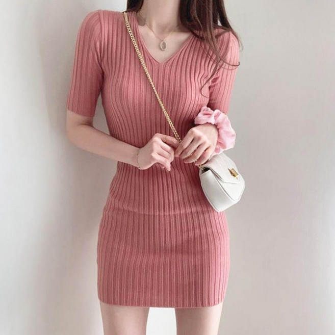 [레티고] 시크 브이넥 골지 니트 원피스