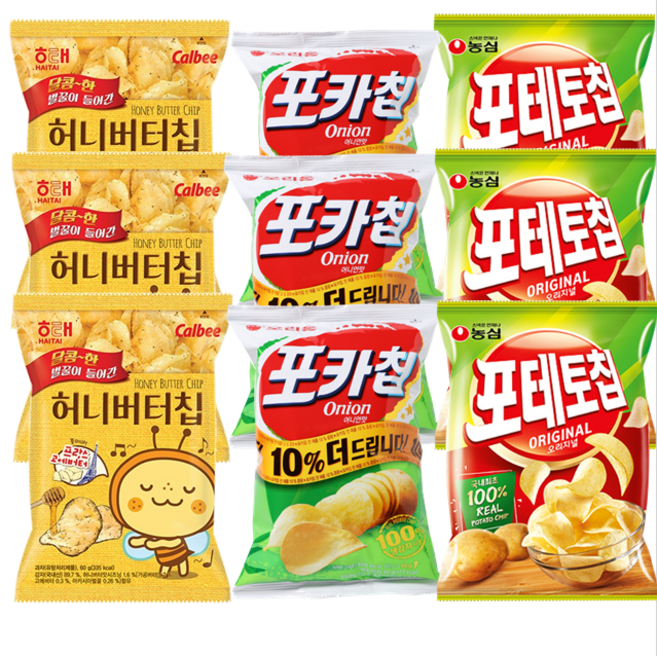 허니버터칩60gx3개+포카칩어니언66gx3개+포테토칩60gx3개, 1개