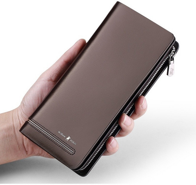 William POLO 男士真皮長款錢包 頭層牛皮多功能大容量皮夾 咖啡色平紋