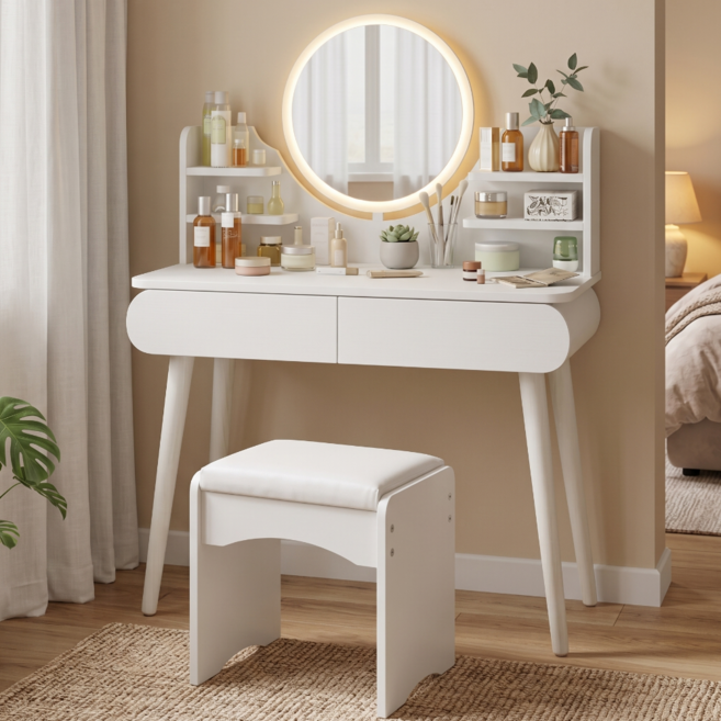 소프트엣지 LED 원목 수납 화장대, 화이트+화이트 (LED 포함)