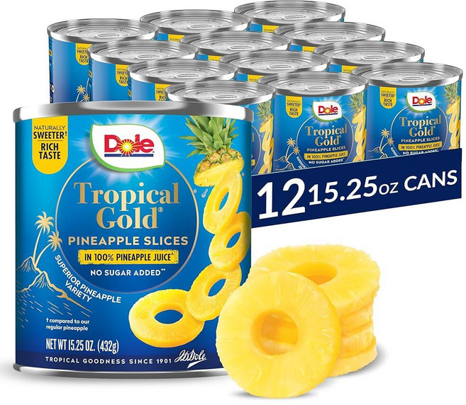 Dole 과일 통조림 트로피컬 골드 파인애플 덩어리 100 주스 글루텐 프리 미국직구, 파인애플 슬라이스, 432g, 1개