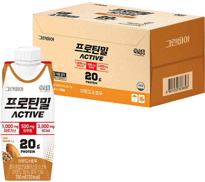 정식품 그린비아 프로틴밀 액티브 아몬드와호두맛 프로틴음료 고단백질영양설계 아르기닌 저당설계, 18개, 250ml