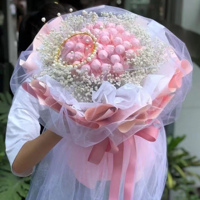 滿天星棒棒糖成品花束 生日畢業禮物, 1個, 白粉色（33顆）