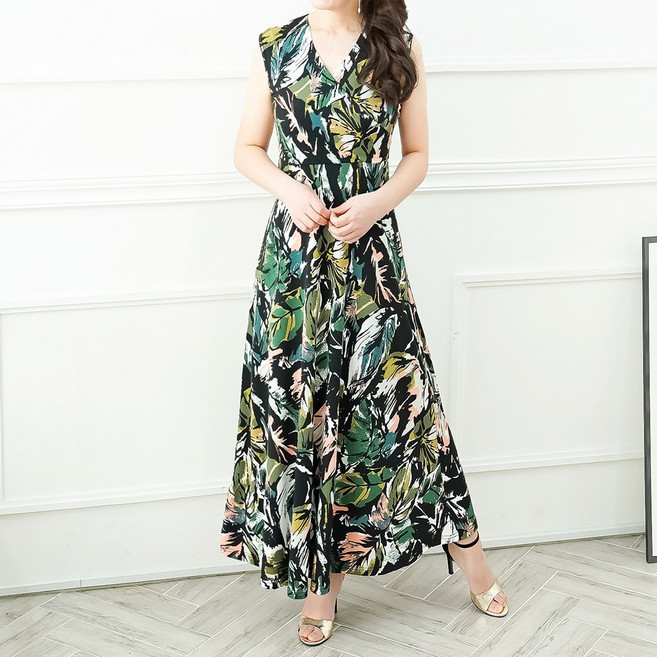 빅사이즈 랩스타일 브이넥 A라인 나시 롱원피스 V넥 플레어원피스