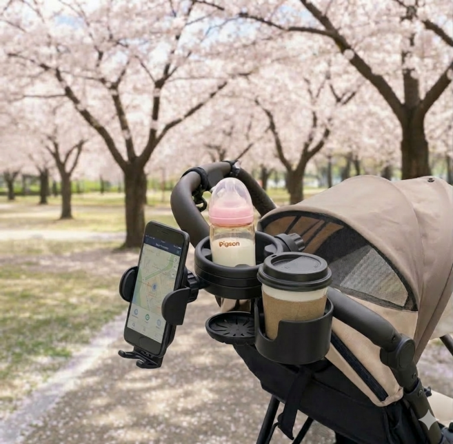 핑크웨일 다용도 유모차 컵홀더 3in1 멀티 스마트폰 휴대폰 거치대, 1개