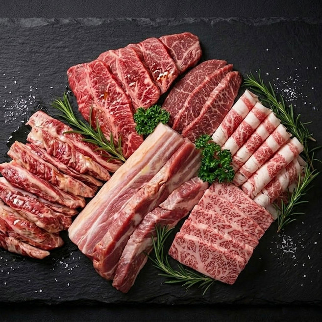 캠핑 프리미엄 한판 1.8kg (6~7인용) 한돈 삼겹살 목살 갈매기살구이 소고기 갈비살 부채살 살치살 모둠, 1800g, 1개