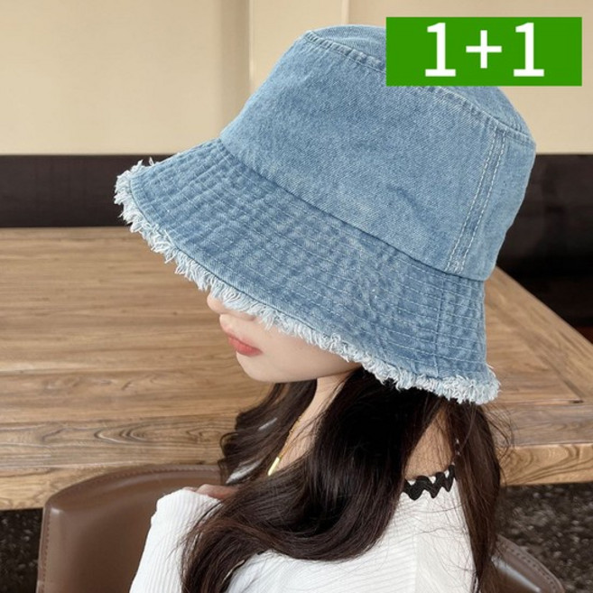 1+1 워싱 데님 버킷햇 여성 여름 자외선차단 햇빛가리개 챙넓은 청 벙거지모자