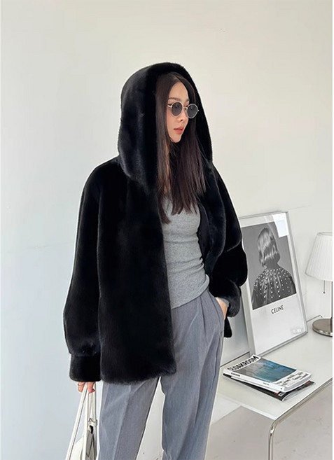 여성 밍크 점프슈트 수입 밍크 전체 후드 가죽옷 겨울 2024 핫