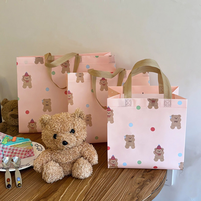 복장 선물 쇼핑백 부직포 소 중 대 손잡이 포장봉투 핑크 곰돌이, 25개