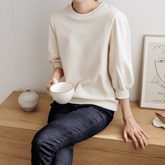 퍼프 여성 7부 맨투맨 티