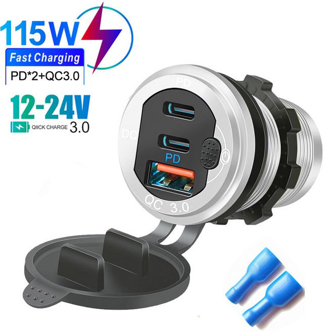 듀얼 USB 차량용 자동차 터치 24V 모토 스위치 고속 C타입 방수 어댑터 12V PD3 충전 LED 소켓 포트 충전기 QC3, 1QC 2PD with Switch 1